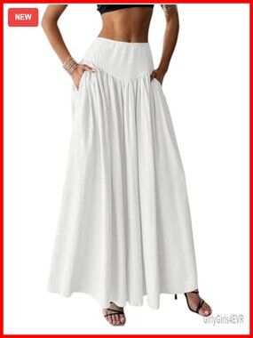 Pleated Flowy Maxi Skirt High Waist with Pockets